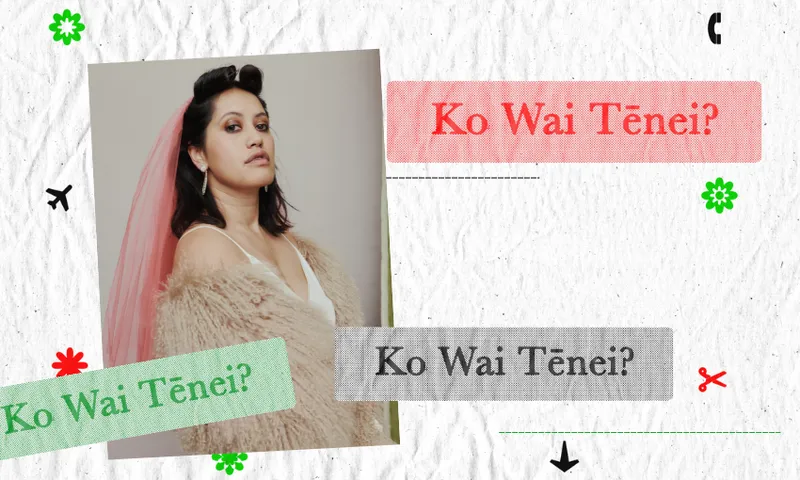 A woman wearing a pink veil and furry coat looks at the camera. The background features the Māori phrase "Ko Wai Tēnei?" in green, red, and gray boxes with hand-drawn arrows, stars, and dots on a textured surface.