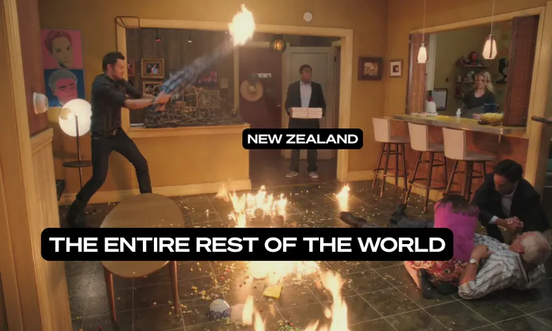 A chaotic kitchen scene: a man with a flamethrower labeled "New Zealand" causes fire and panic, while people labeled "The Entire Rest of the World" scramble amid the chaos.