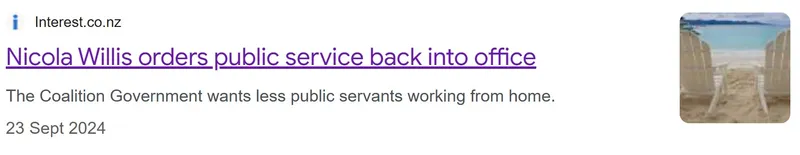 A news snippet headline reads, "Nicola Willis orders public service back into office," with a brief note about the government's desire for fewer public servants working from home. A small beach photo appears on the right.
