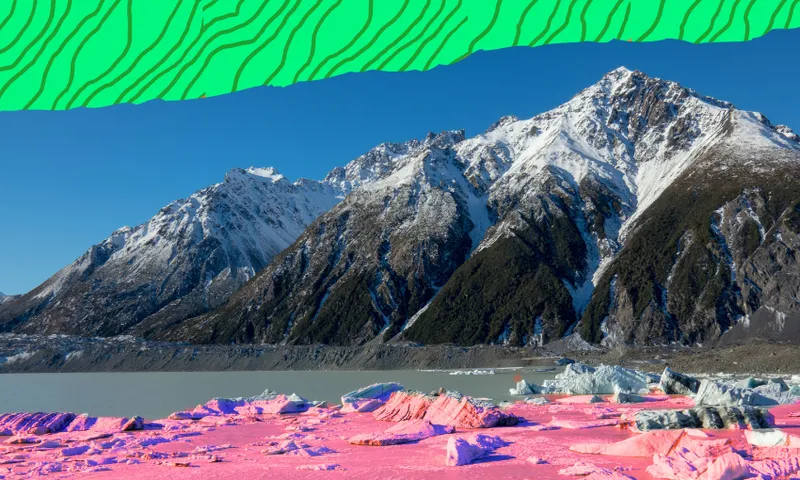 an image of tasman lake with the ice highlited in pink and some bright green in the background