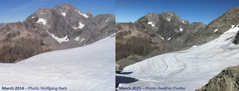 an image of the Rolleston glacier taken 10 years apart showing it looking way smaller than before
