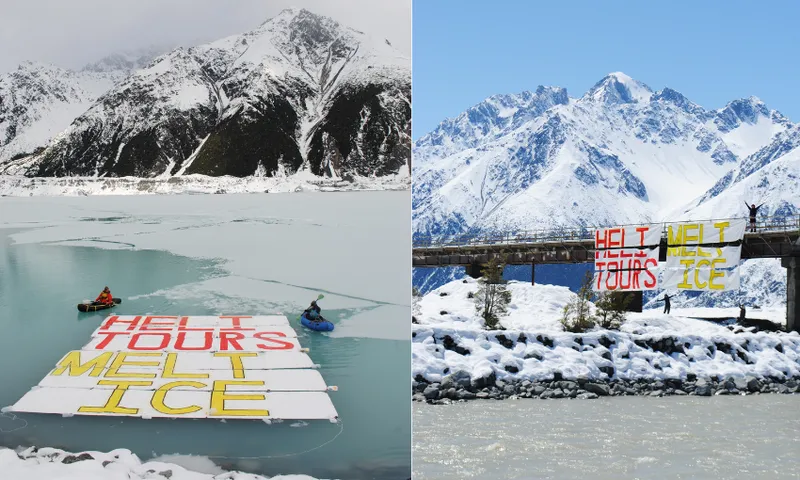 two photos of people on an icey lake and signs on a bridge looking very colourful, reading 'heli tourism melts glaciers'