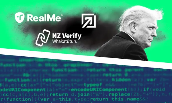 A photo of Donald Trump on a green background with the RealMe and NZ Verify Whakatūturu logos. Below, blue computer code is visible.