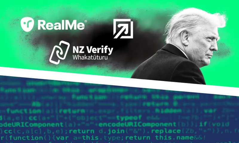 A photo of Donald Trump on a green background with the RealMe and NZ Verify Whakatūturu logos. Below, blue computer code is visible.