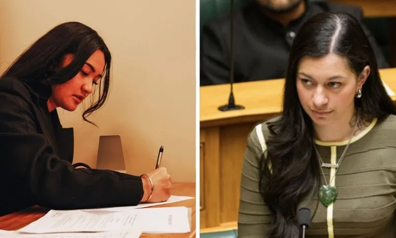 Side-by-side photos of Hana Rawhiti Maipi Clarke, writing at an office desk, and Tamatha Paul, standing at her bench in the debating chamber.