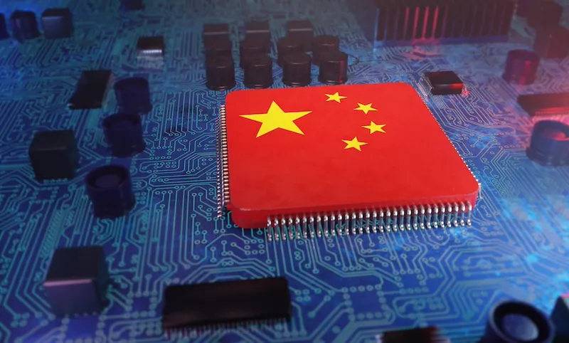 an image of the chinese flag spotlight and surrounded by blue chip like structures