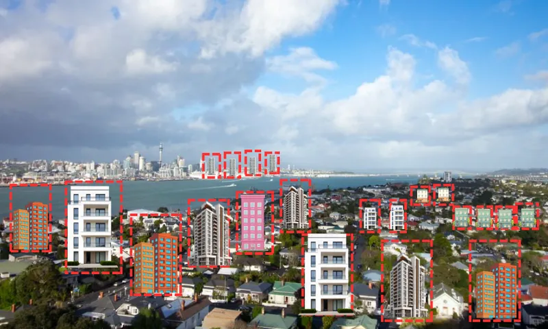 An urban skyline with digitally added apartment buildings outlined in red dashed lines, set against a harbor and distant cityscape under a partly cloudy blue sky.