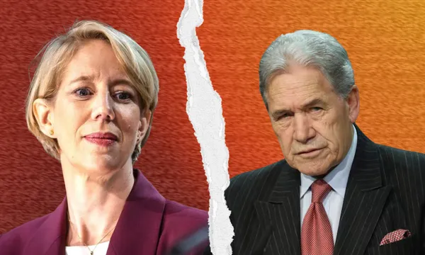A woman and an older man in formal attire are shown on either side of a jagged tear on a red and orange gradient background, suggesting division or conflict.