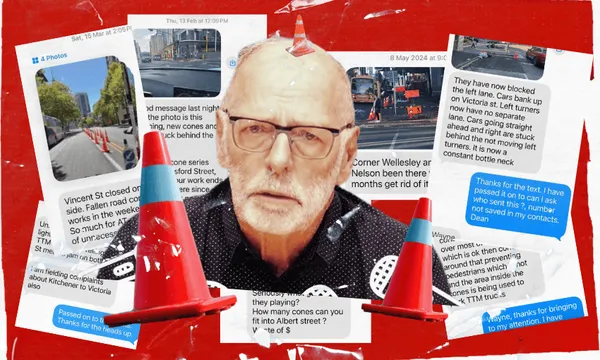 A collage featuring an older man with glasses and a red-and-white traffic cone on his head, surrounded by orange cones and screenshots of text messages about road closures, all set against a red background.