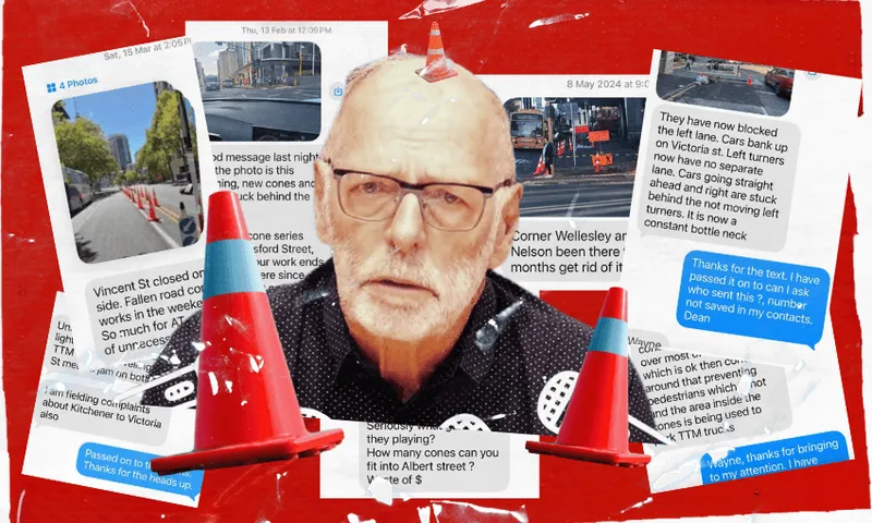 A collage featuring an older man with glasses and a red-and-white traffic cone on his head, surrounded by orange cones and screenshots of text messages about road closures, all set against a red background.