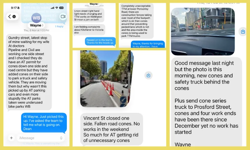 A collage of text messages and photos about roadworks, cones, and safety trucks on city streets. Messages discuss new cones, parking issues, updated road closures, and difficulties for drivers due to ongoing work.