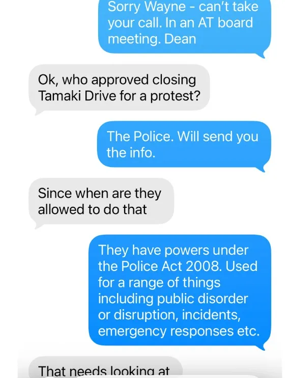 Screenshot of a text message conversation discussing the approval of closing Tamaki Drive for a protest, referencing police powers under the Police Act 2008 to manage public disorder, incidents, and emergencies.