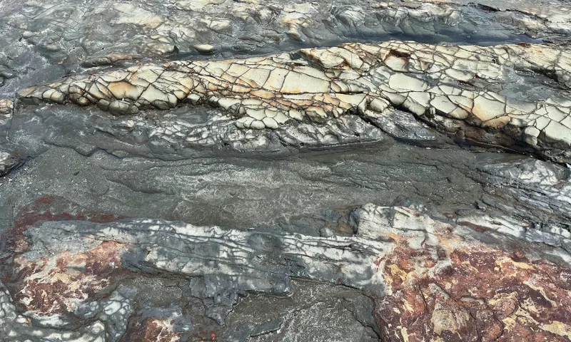 Close-up view of layered, cracked rock formations with shades of gray, beige, and reddish-brown; some rocks have a network of dark lines and appear weathered, creating a textured, natural pattern.