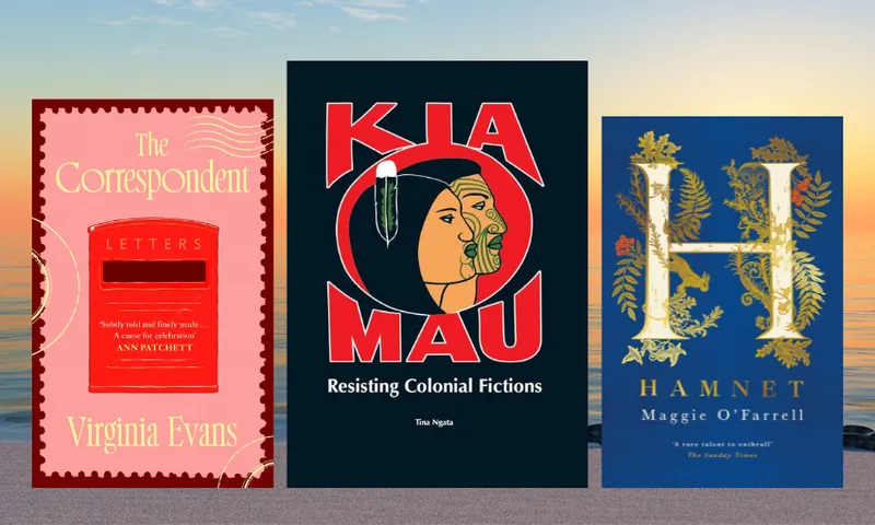 Three book covers side by side with a beach landscape behind them.