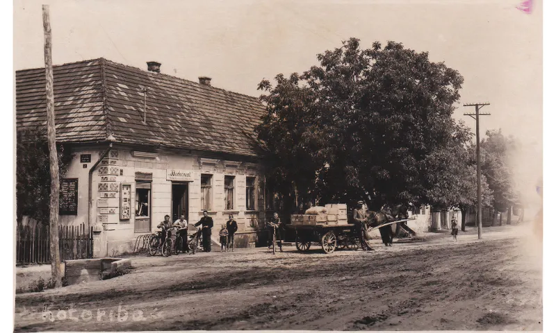 A black and white photo of an older building with a tree outside on the footpath.