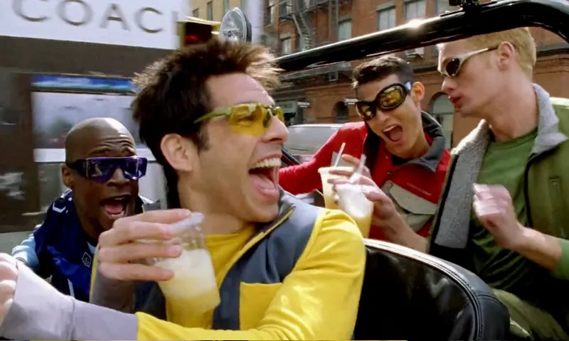 Derek Zoolander and his room mates wear their best sunglasses to the petrol station.