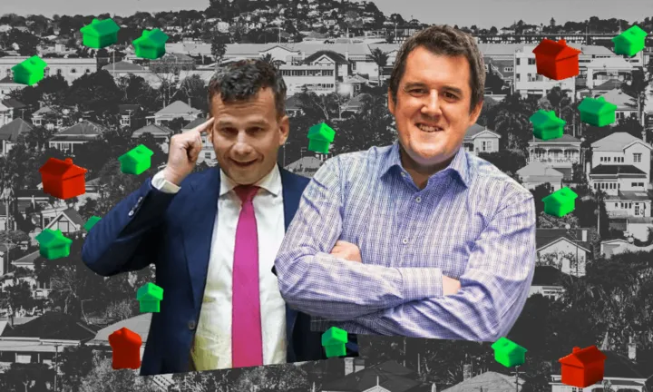 Two men stand in front of a grayscale suburban neighborhood background, with red and green 3D house icons scattered throughout the image. One man wears a suit and tie, the other is in a checkered shirt.