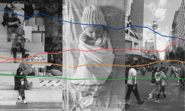 A baby wrapped in a blanket is centered between two city street scenes. Colored lines, resembling data graphs, run horizontally across the image, which has a gritty, distressed texture.
