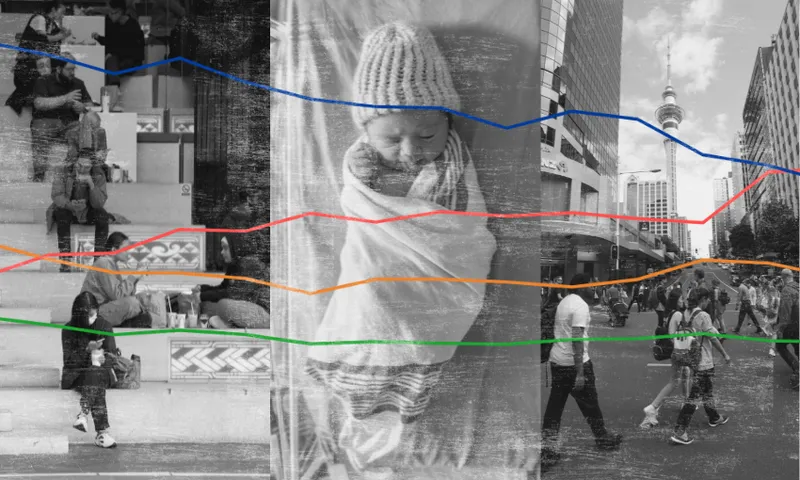 A baby wrapped in a blanket is centered between two city street scenes. Colored lines, resembling data graphs, run horizontally across the image, which has a gritty, distressed texture.