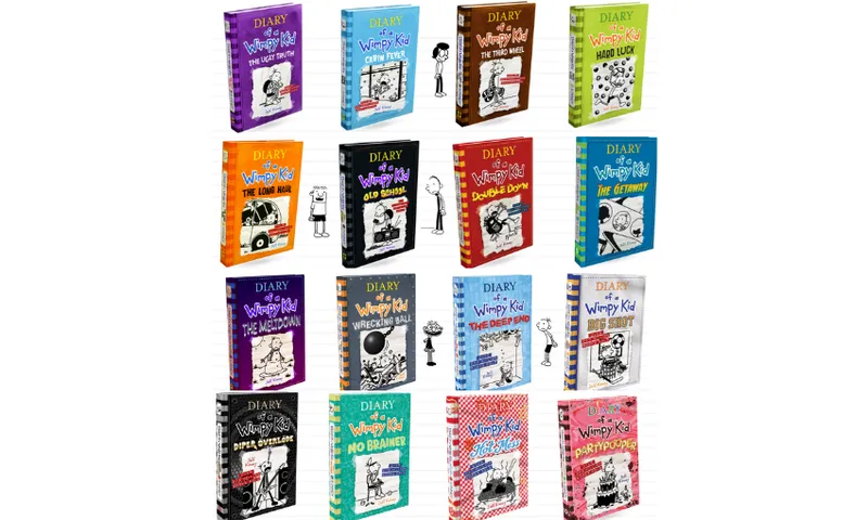 20 Diary of a Wimpy Kid book covers arranged in rows of four. There are illustrations from the book between some of the covers.