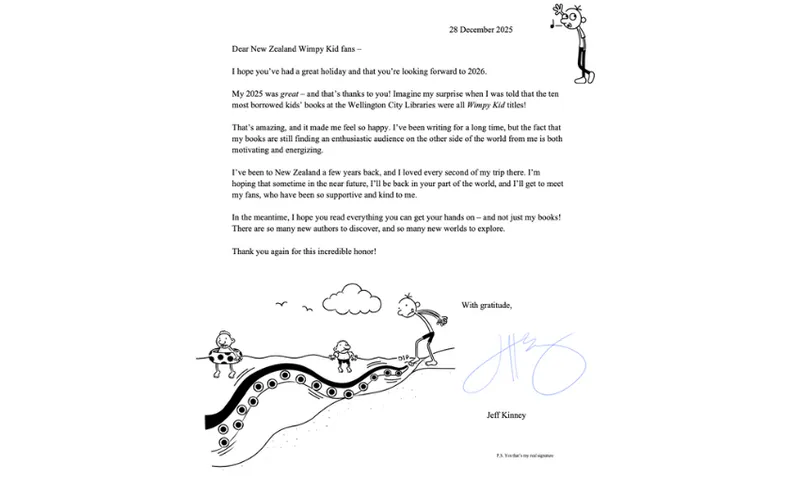 A typed and illustrated letter to New Zealand children from author Jeff Kinney, including a hand drawn signature in blue ink.