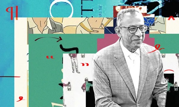 A black and white photo of an older man wearing a suit and glasses. He is smiling. Behind him is a collage of book covers.