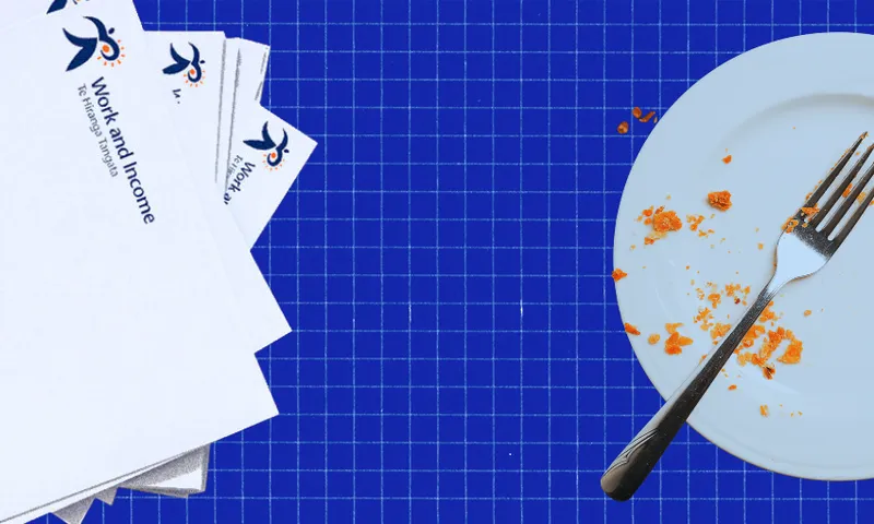 A stack of Work and Income papers sits on a blue grid-patterned surface next to a white plate with crumbs and a fork, suggesting financial hardship or limited resources.