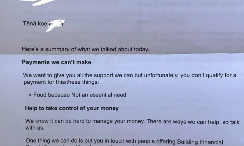 A letter from MSD noting that a payment had not been processed: "Food because not an essential need."