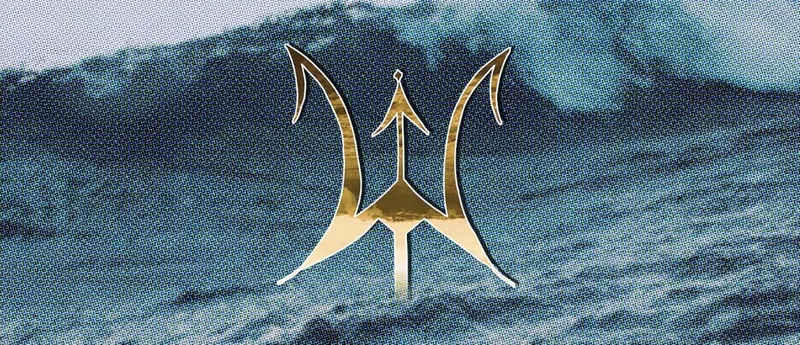A banner showing a wave rising in the see with a trident head overlaid.