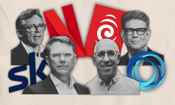 Four men in business attire are shown in black and white in front of stylized logos for Netflix, Sky, and other media companies, suggesting a focus on streaming services or media executives.