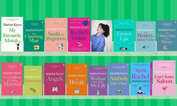Fifteen book covers, all novels by Marian Keyes, arranged in two rows with a bright green striped background behind them. There is a photo of Marian Keyes among the books on the top row.