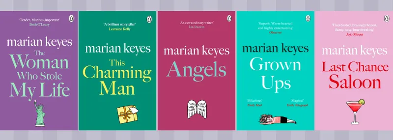 Five book covers, all by Marian Keyes, side by side in a row.