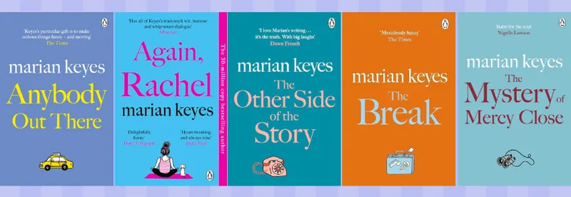 Five book covers, all by Marian Keyes, side by side in a row.