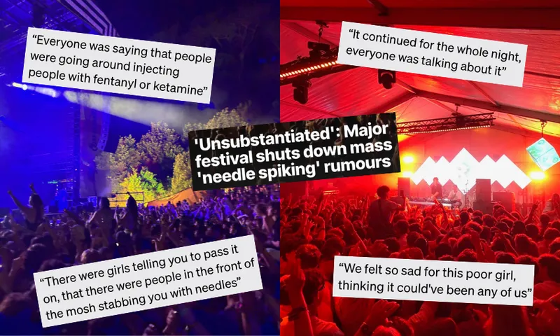 A collage of two crowded music festival scenes with colorful lights, overlaid with quotes about rumors of needle spiking at the event and responses dismissing these claims as unsubstantiated.