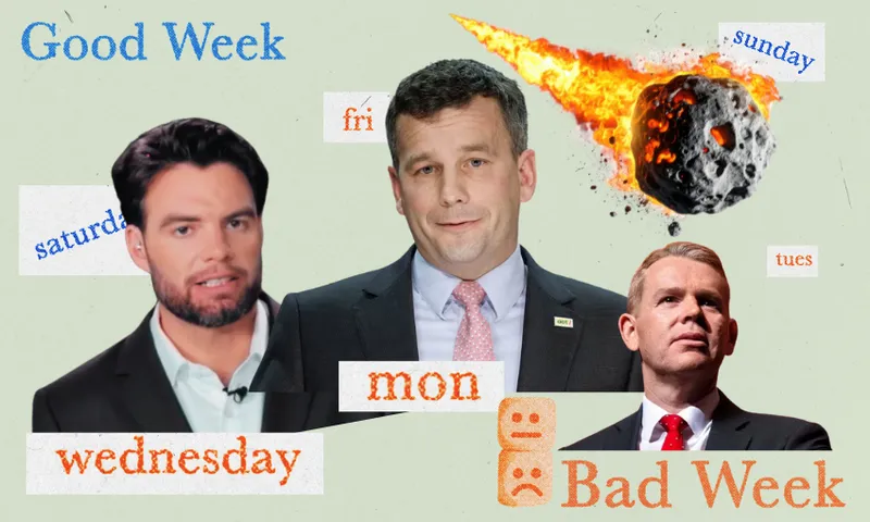 Three men are shown under weekday labels. "Good Week" is written at the top left, "Bad Week" at the bottom right, with a meteor crashing into "Sunday." Happy and sad face icons separate the groups.