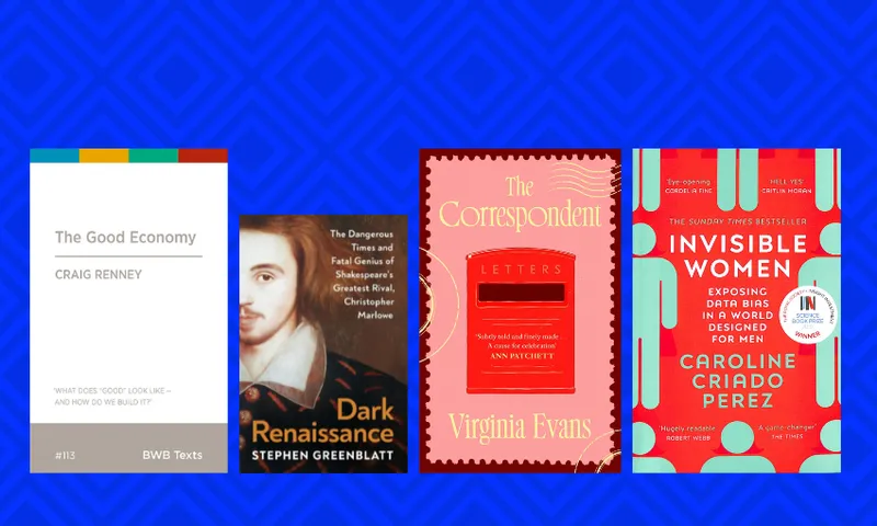 Four books side by side with a dark blue background with a triangular pattern on it.