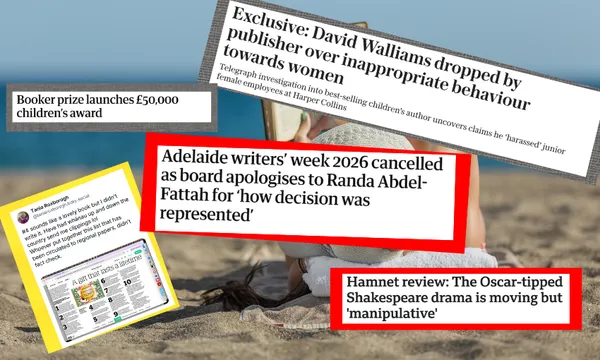 A photo of a person reading on a beach with fragments of headlines layered over top.