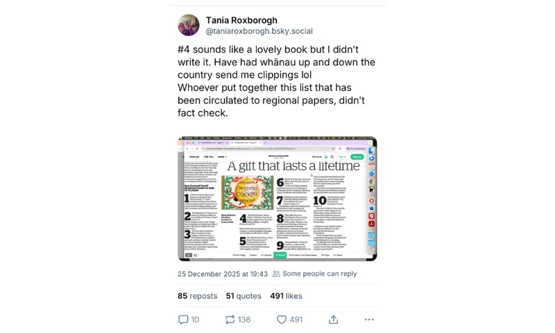A screenshot of a post from Bluesky showing a picture of a newspaper booklist, and text from the poster.