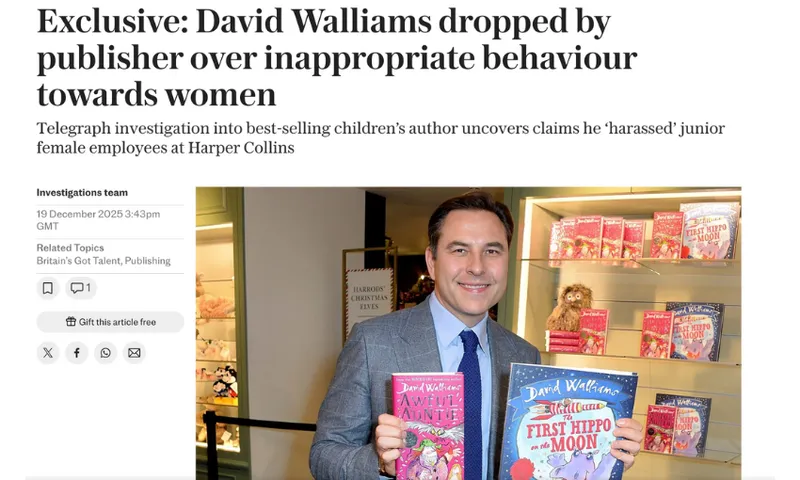 An image of an online newspaper exclusive feature headline and photograph of David Walliams holding some of his children's books and smiling.