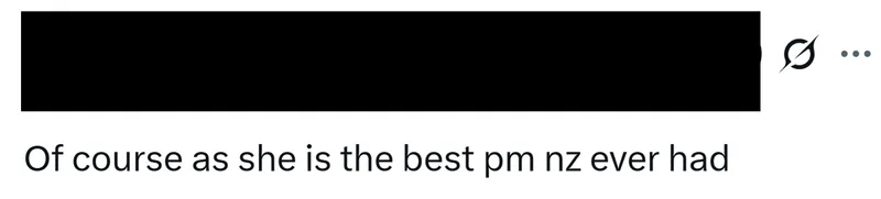 A social media post reads: "Of course as she is the best pm nz ever had" with a blacked-out username and profile picture above the text.