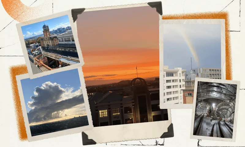 A collage of five photos: a city skyline at sunset, a rainbow over white buildings, a cloudy sky over the ocean, a historic city station, and a tunnel with train tracks. Each photo has a vintage frame effect.