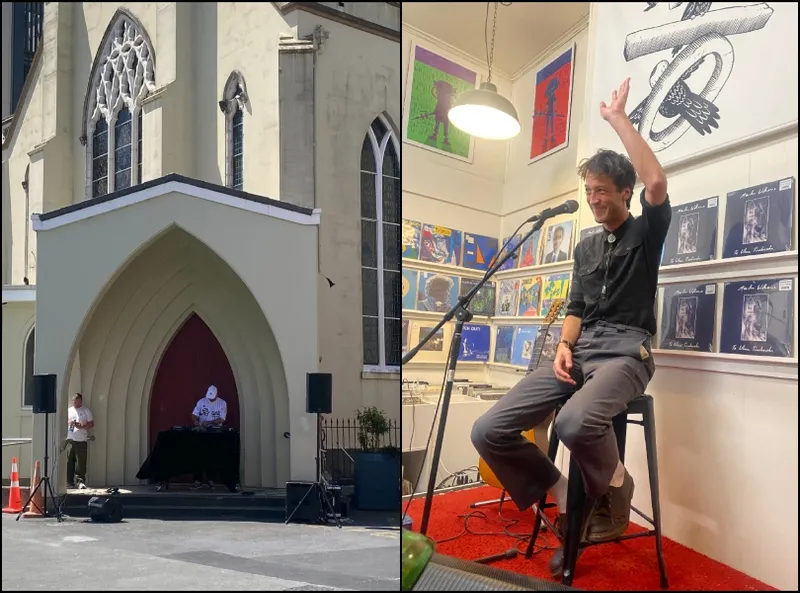 Split image: Left shows a DJ performing outside a church with arched doorway. Right shows a man sitting on a stool, smiling and raising his hand, inside a room with framed artwork and records on the wall behind him.