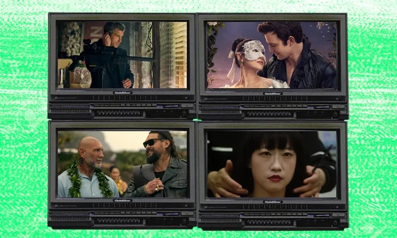 A lime green background with four television screens featuring the latest releases of the week