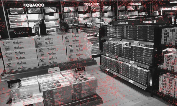 A store display filled with various tobacco and cigarette products, including large stacks of Marlboro boxes. The image is mostly black and white with a red splatter effect overlay.