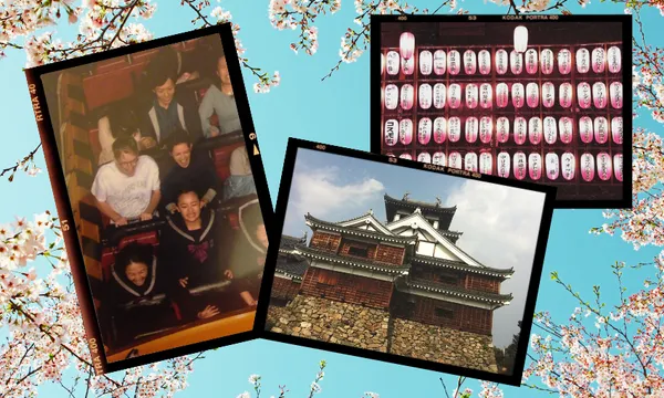A collage on a cherry blossom background featuring: people riding a roller coaster, decorative nails with Japanese writing, and a traditional Japanese castle with a stone base and white walls.