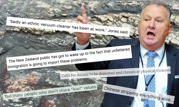 A man in a suit gestures while surrounded by newspaper clippings with anti-immigration and racist statements about Asians, unfettered immigration, and "kiwi" values, set against a background of cracked stone.