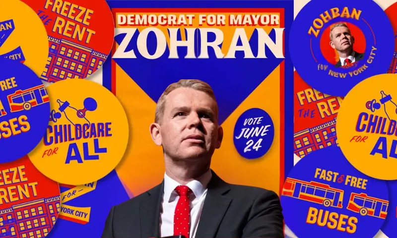 A man in a suit and red polka dot tie stands confidently in front of a campaign poster reading "Democrat for Mayor ZOHRAN", surrounded by colorful buttons promoting "Childcare for All," "Freeze the Rent," and "Vote June 24.