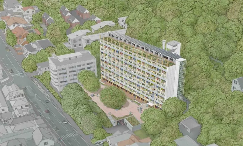 The design for the Architectural Centre's refurbished Gordon Wilson flats, presented a new facade with 100 apartments.