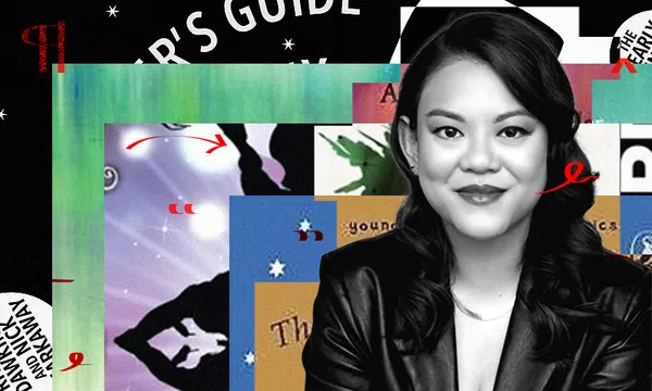 A black and white photo of a young Asian woman with a collage of bright coloured book covers behind her.