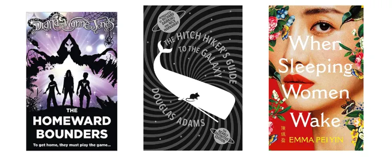 Three book covers side by side with a beach landscape behind them.
